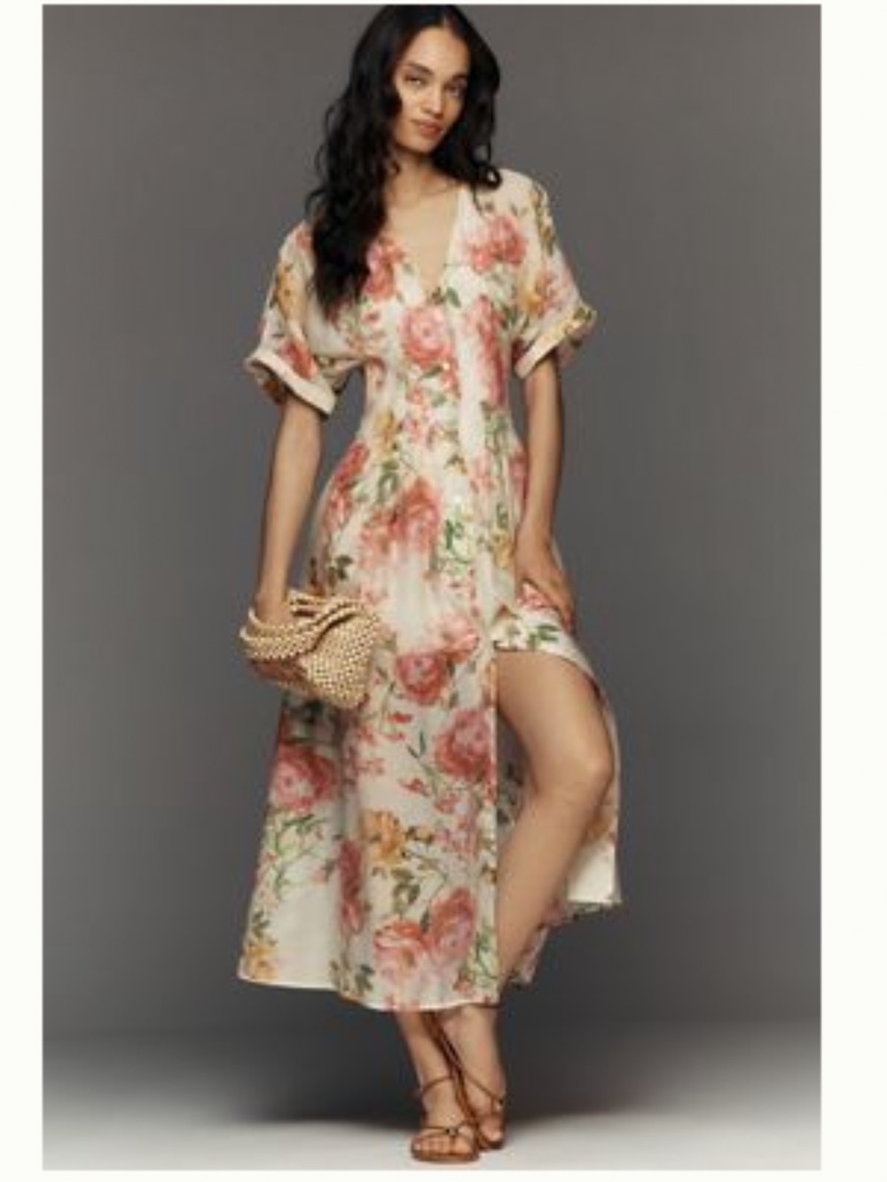 Anthropologie Cream Maxi Dress with Coral and Yellow Floral Print